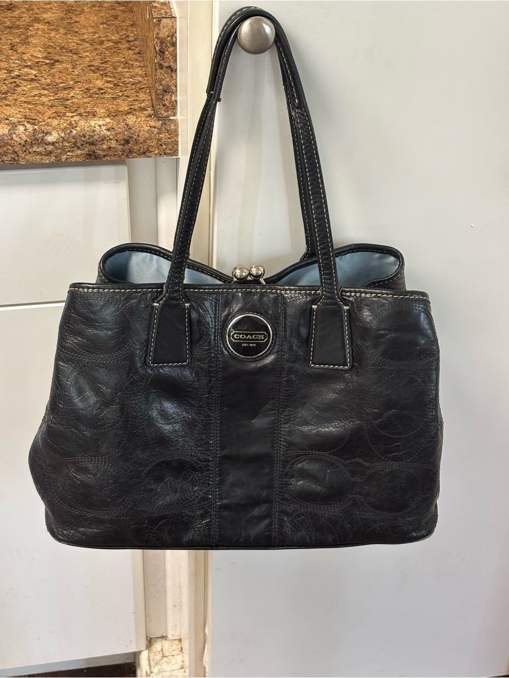 Vintage Coach Signature Stitch Framed Kisslock Tote Bag